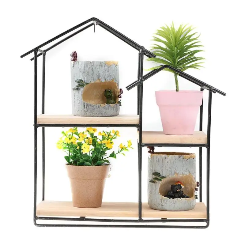 

House Shape Wooden Iron Wall Shelf Wall Mounted Storage Rack Holder Organizer Stand for Plant Flower Pot Living Room Decoration
