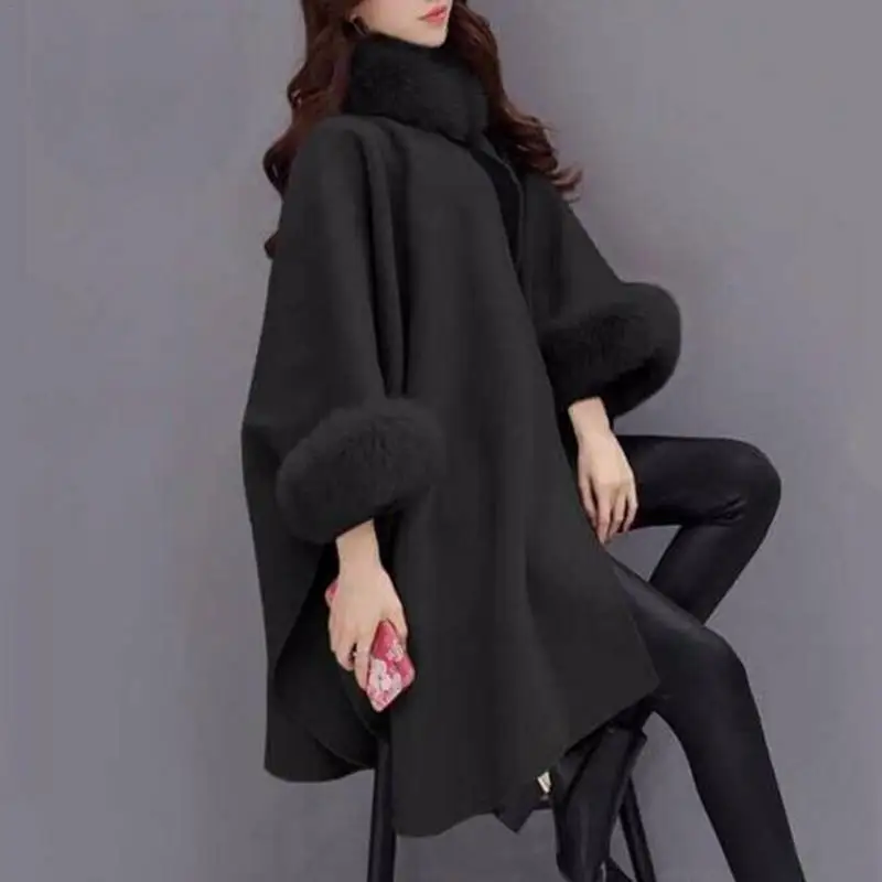 

Woolen Coat Plus Size Long Winter Coat Women Overcoat Camel Poncho Shawl Cape Feminino Warm Outerwear Poncho Femme Cotton Blend