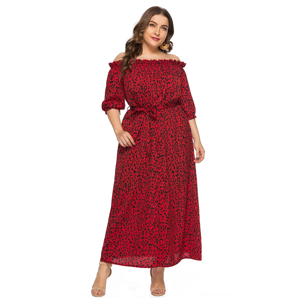 

Wipalo Women Plus Size Leopard Print Belt Dress Off Shoulder Ankle Length Casual Split Dress Spring Summer Boho Beach Vestidos