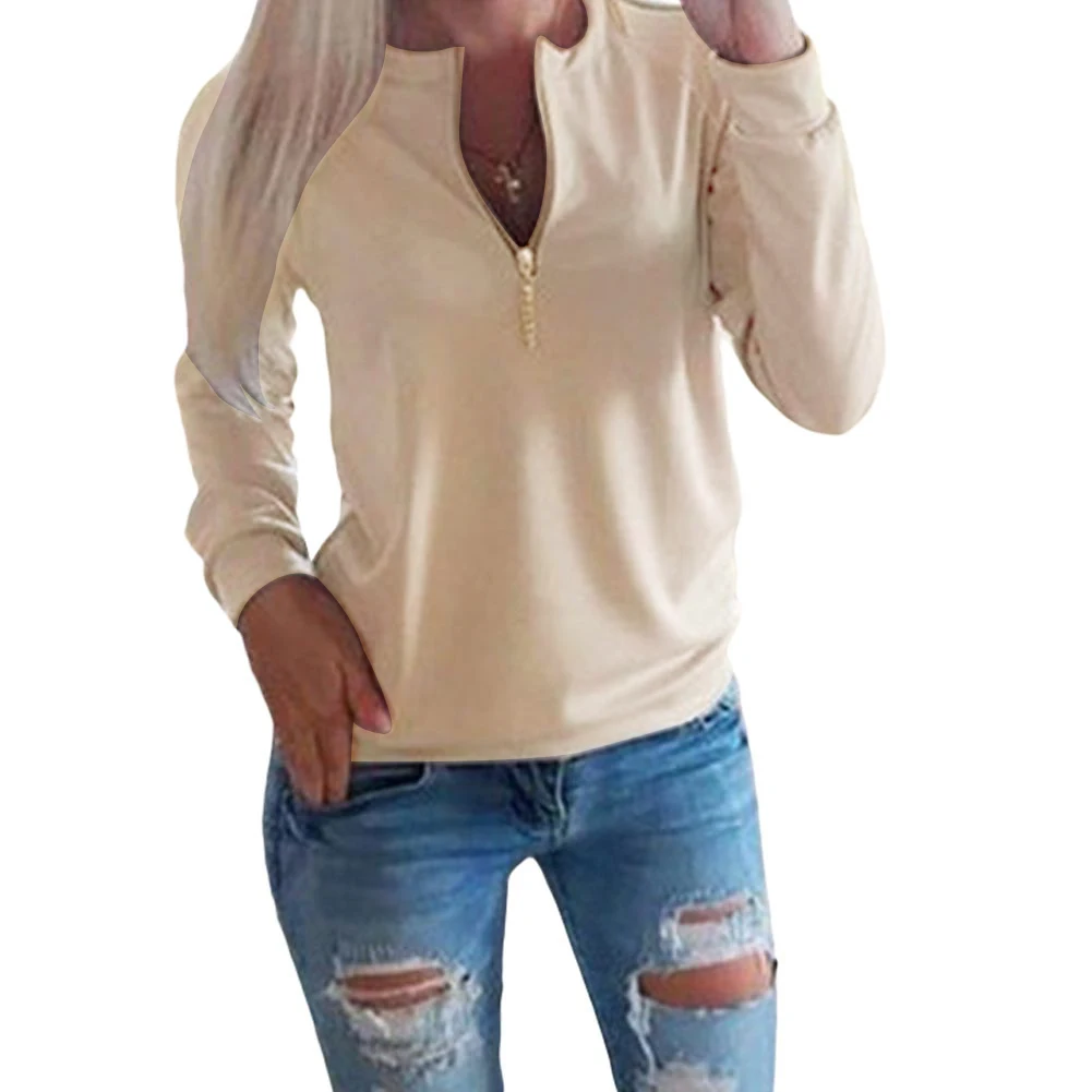 

Autumn Sexy Womens Zipper Top Tees Long Sleeve V Neck T Shirts Casual Solid Color Tunic Ladies Basic Tops Slim Tee Shirt Femme