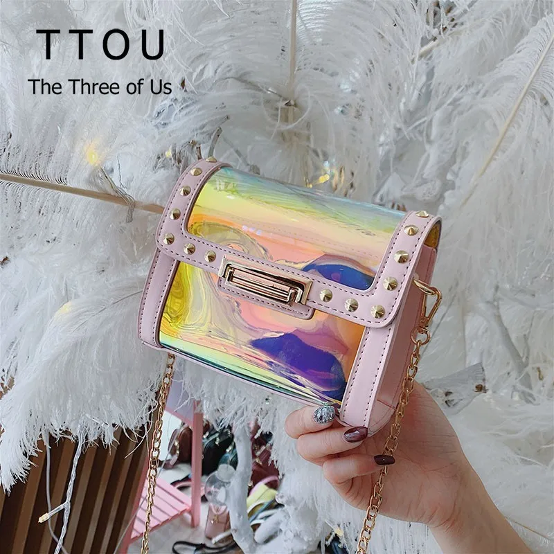 

TTOU Women Shoulder Bag Fashion Laser Transparent Crossbody Bags Rivet Messenger Beach Bag Summer 2 pcs/set Composite Bag