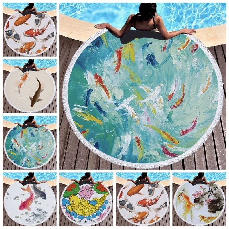 Картина маслом Рыбы Узор микрофибры круглый пляжное полотенце с бахромой для ванной полотенца Пикник йога коврики путешествия покрывало