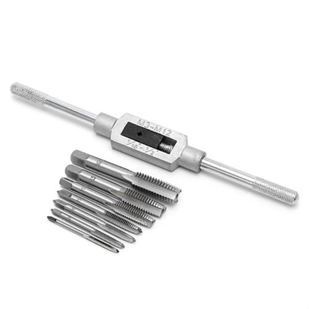 

8pcs Hand Screw Thread Plug Taps Thread Metric Machine Set M3 M4 M5 M6 M8 M10 M12 with 1pcs Adjustable Tap Wrench 1/16-1/2''