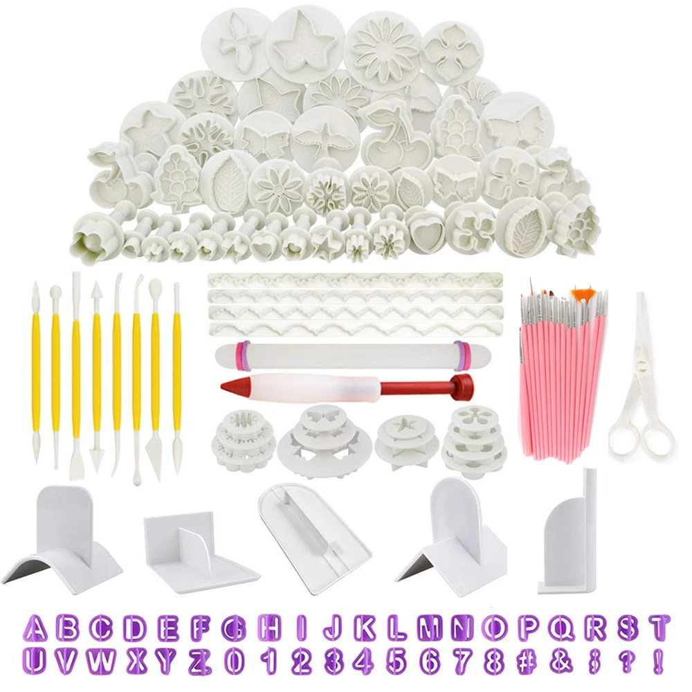 

129pcs Sugarcraft Icing Plunger Cutters Alphabet Numbers Mold Rolling Pin Smoother Kit Cake Fondant Decorating Tools For Baking