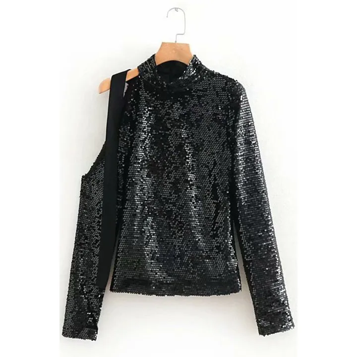 Vintage Black Stand Collar Sequined Patchwork Long Sleeve Top New Women Casual Cold Shoulder Slim Sexy T-shirt