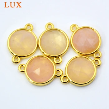

Natural crystal quartz connector Faceted round Gem stone charms tiny jewelry gold bezel setting findings double bail pendant
