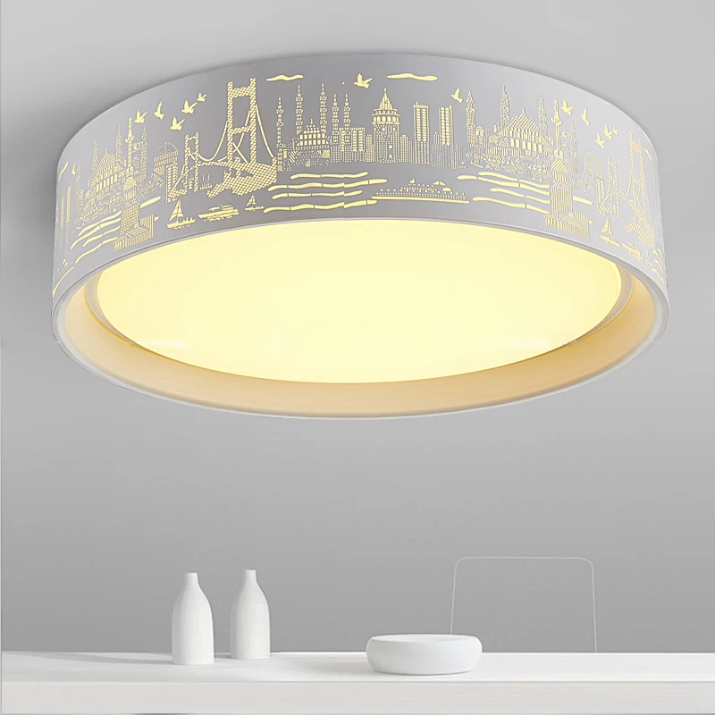 

Nordic Round Led Ceiling Light Landscape Engraving Wrought Iron Simple Modern Restaurant Children Bedroom Lamp