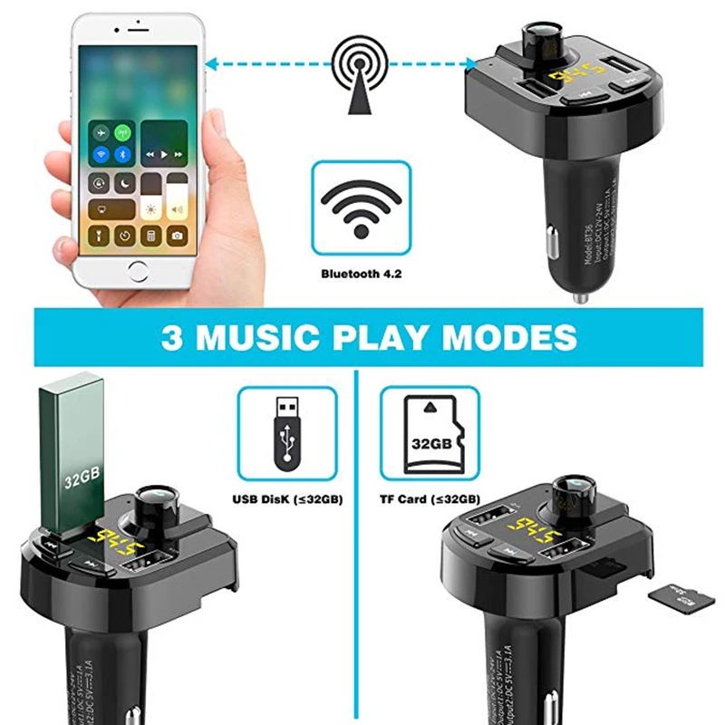 سريعة تهمة المزدوج USB 3.1A منافذ شاحن سيارة مع سيارة بلوتوث معالج إرسال موجات fm سيارة Handfree مايكرو SD TF U القرص لاعب