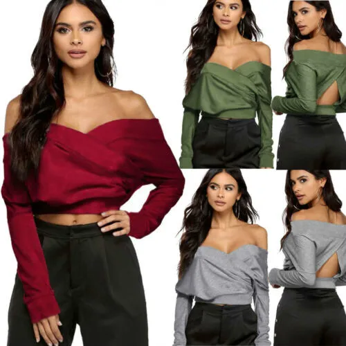 

Women Off Shoulder Casual Long Sleeve T-Shirt Sexy Tops Backless Bodycon T-Shirt