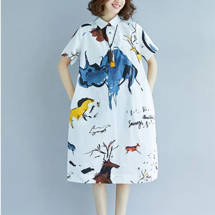 

Fashion Summer Turn-Down Collar Short Sleeve Midi Dress Women Print Casual Loose Dresses