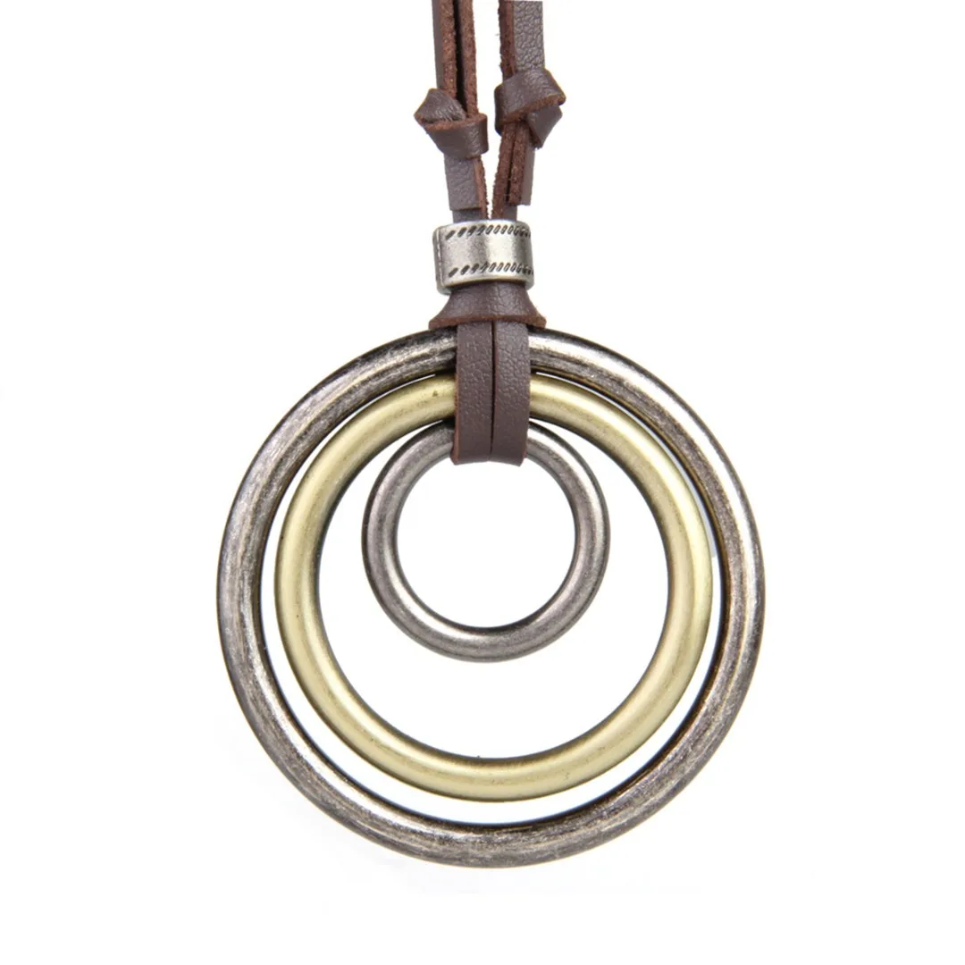 

Vintage Simple Big Three Circles Pendant Necklace Long Rope Brown Leather Chain Necklace For Men Women Statement Jewelry