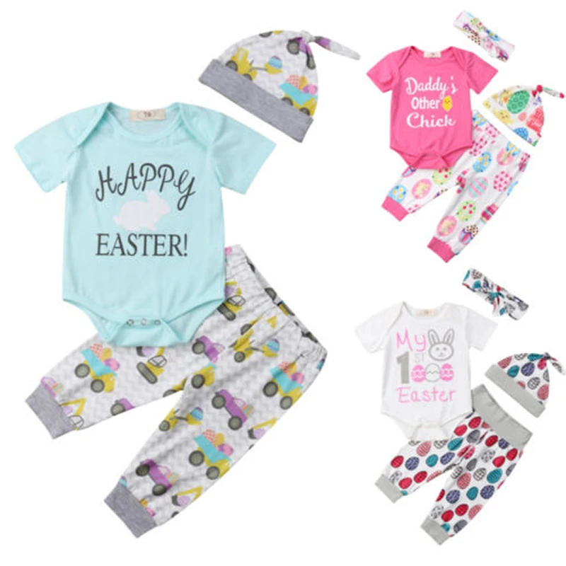 Focusnorm New Fashion 3Pcs Newborn Baby Boy Girl Clothes Set Easter Outfits Short Sleeve Romper Pants | Детская одежда и обувь
