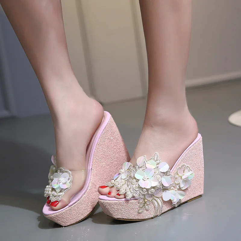

Women's Sandals Beads Flower Transparent Slope With Slipper Woman