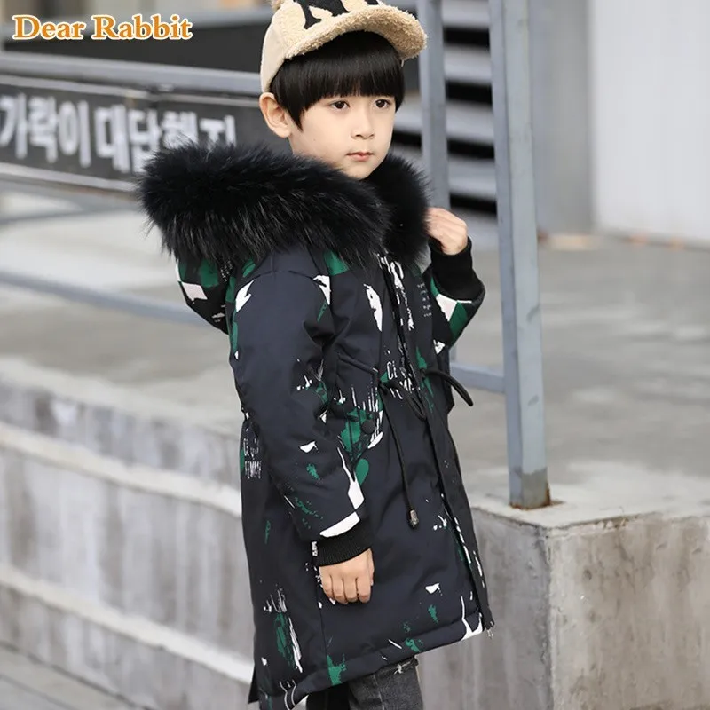 

2018 New Hooded Winter warm down Jackets Graffiti Camouflage parka real fur For Teenagers boys Thick Long Coat Kids girl Clothes