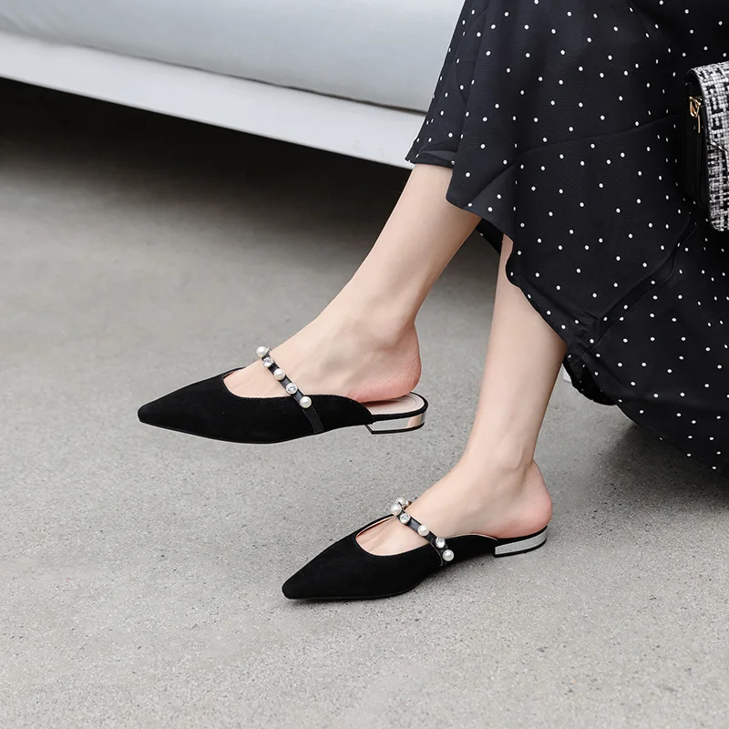 

New Spring Summer Outside Slides For Woman in Pointed toe Ladies Shoes with Peal Beaded Solid Color Flat with Shoes
