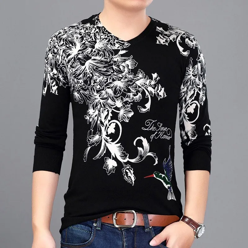 Мужской свитер с цветочным принтом облегающий Erkek Kazak Pull Homme Hiver 2019|Джемперы |