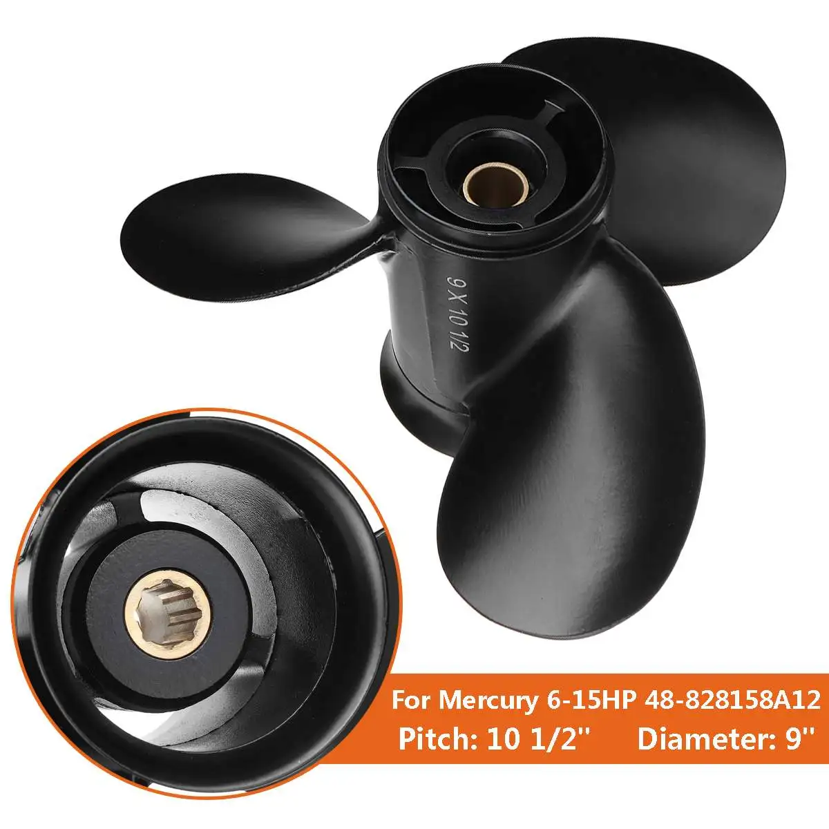 

48-828158A12 Marine Boat Outboard Propeller 9x10 1/2 For Mercury 6-15HP Aluminum Alloy 8 Spline Tooth Standard Rotation Black