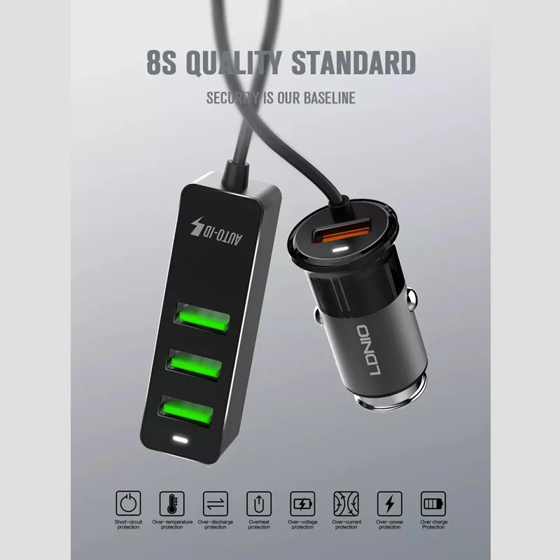 LDNIO 4 порта Быстрый QC3.0+ 2.4A+ 3.1A USB Автомобильное зарядное устройство Универсальный USB быстрый адаптер с 120 см удлинитель Кабель для MPV автомобильный телефон