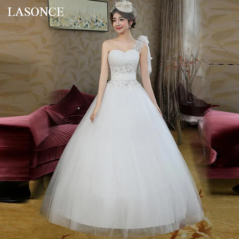 

LASONCE Pleat Strapless Lace Appliques Ball Gown Wedding Dresses Flowers One Shoulder Tulle Backless Bridal Gowns