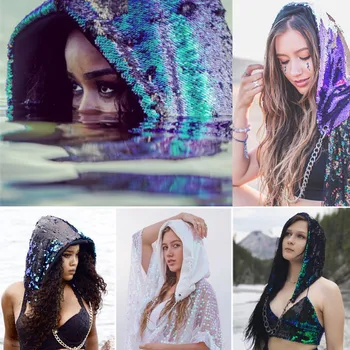 

Fashion Mermaid Hat Sequin Caps Halloween Party Rave Hood Hats For Adults Sequin Halloween Party Hats 1PC