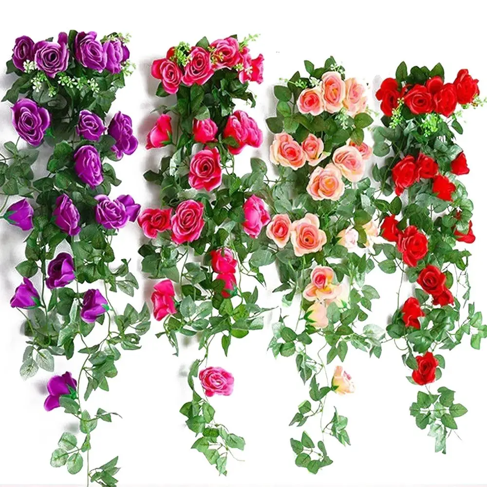 

240CM 16pcs roses Silk Rose Wedding Decorations Ivy Vine Artificial Flowers Arch Decor with Green Leaves Hanging Wall Garland