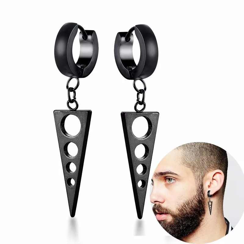 

Black Dangling Triangle with Hollow Round Single Drop Earring for Men Boys Huggie Hinged Earing Unisex Jewelry