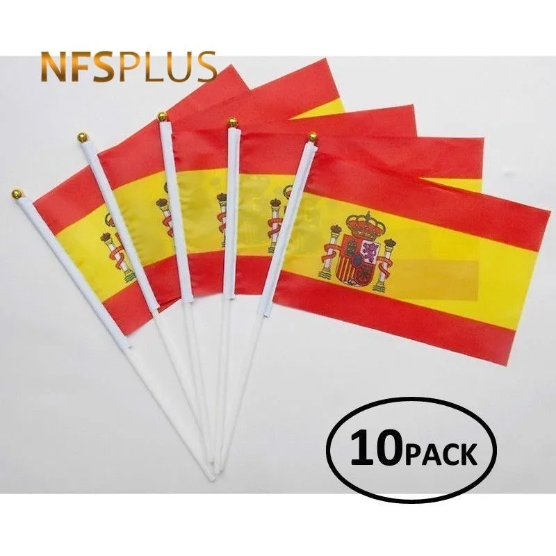 10 шт./лот, испанские ручные флаги, 14x21 см, полиэстер, печатный флаг с флагштоком, испанские ручные флаги для празднования, парада, спорта