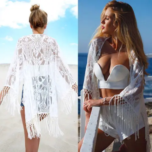 

Women Solid Long Sleeve Fashion Bathing Suit 2019 Tassel Bikini Cover Up Lace Beach Short Dress Beachwear