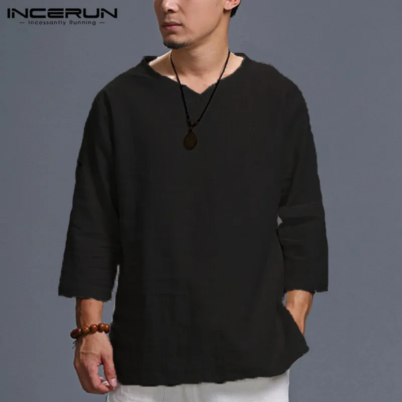 Mens Retro Style Cotton Linen T-Shirt V-Neck Chinese Style 3//4 Sleeve Clothes 32