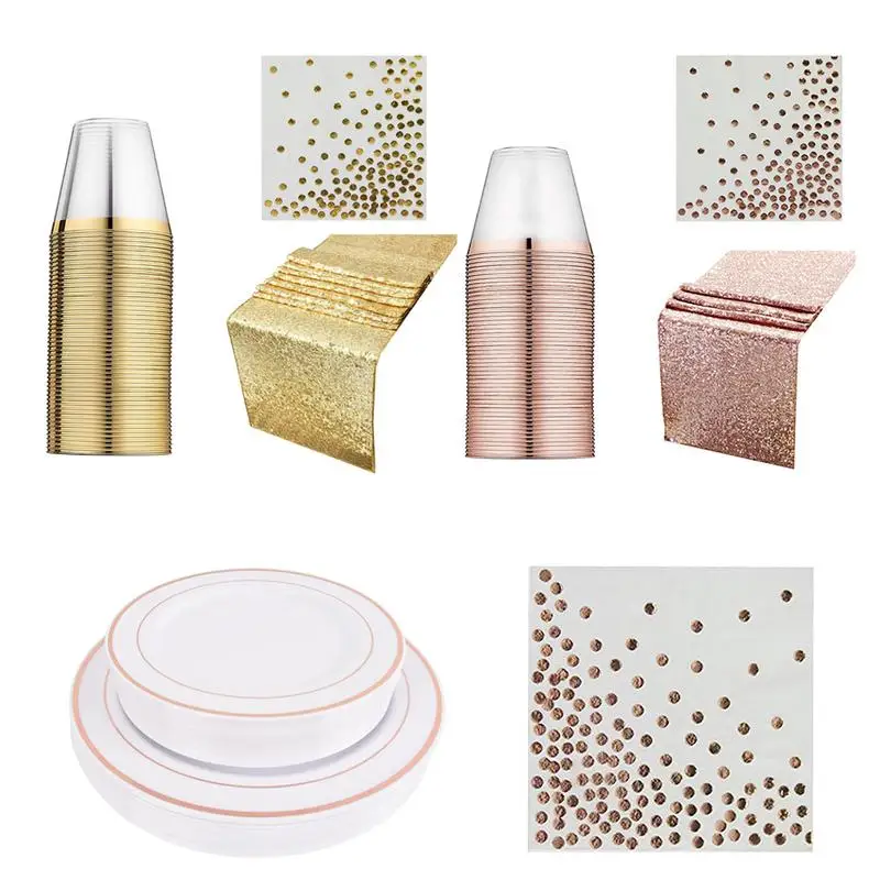 

Disposable Tableware Set Tablecloth Napkin Disposable Rose Gold Transparent Bronzing Cup Birthday Party Decoration Set