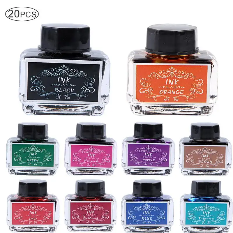 

Liquid Ink 20PCS Retro Feather Squirt Pen Non-Carbon Color Ink 15ml With 10 Colors 2 Bottles For Each Color
