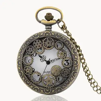 

IBEINA Bronze Steampunk Gear Theme Full Hunter Quartz Engraved Fob Retro Pendant Pocket Watch Chain Gift