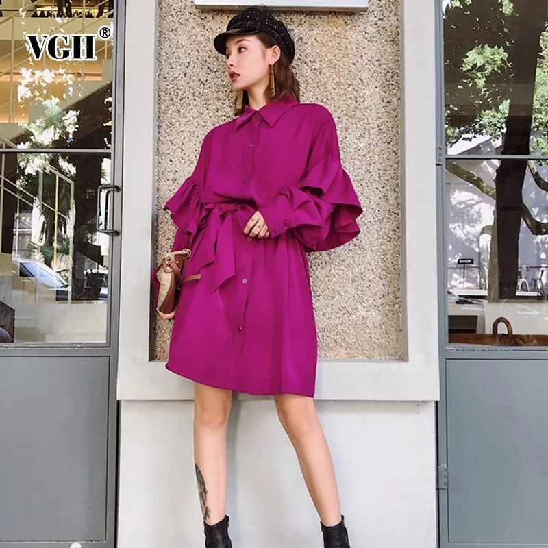 

VGH Spring Winter Ruffles Dresses For Women Lantern Sleeve High Waist Bow Bandage Purple Dress Female Korean Fashion Tide