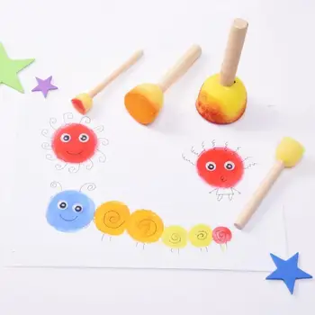 

4pc/lot Yellow Round Sponge Brush with Wood Handle Art Painting Tool Toy Children Creative DIY Painting Education Toy