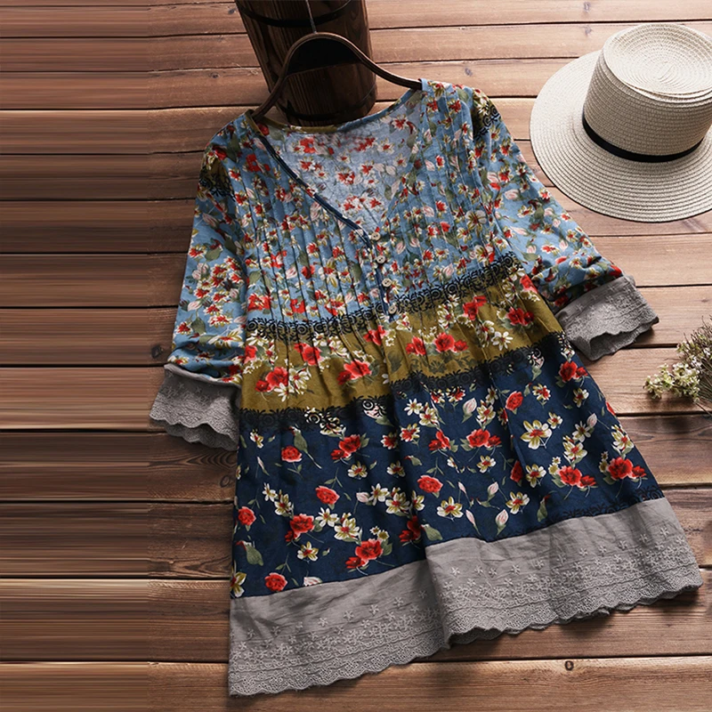  2019 Women Autumn Blouse Vintage V Neck 3/4 Sleeve Shirt Female Cotton Linen Lace Patchwork Top Flo