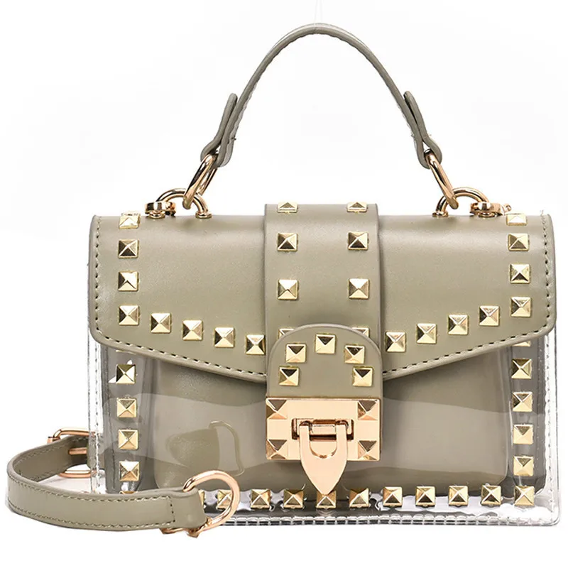 

Transparent Jelly Tote Bag New PU Leather Women's Designer Handbag Rivet Chain Shoulder Messenger Bags Bolsos Mujer Sac A Main