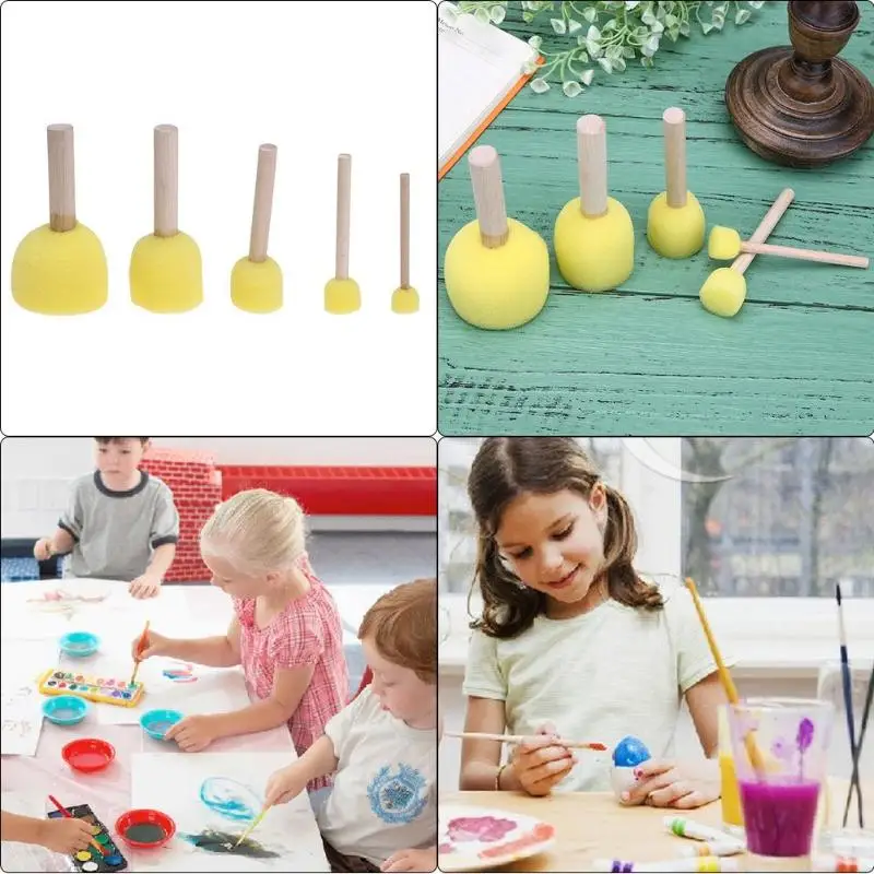 

5pcs Children DIY Painting Sponge Brush Toys Wooden Handle Learning Tool