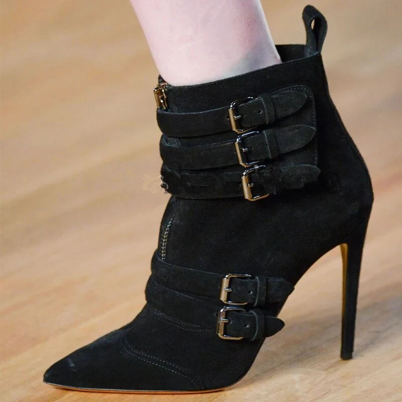 

Buckle Strap Suede Black Ankle Boots Leather Shoes Women