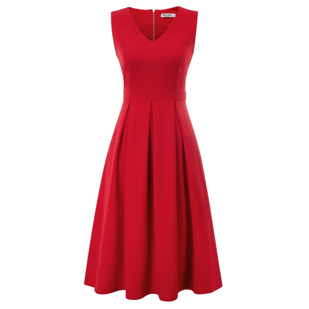 

GK Women Sleeveless V-Neck dresses Pleated A-Line summer flare Dress Black/red elegant solid color Party Cocktail midi Dress