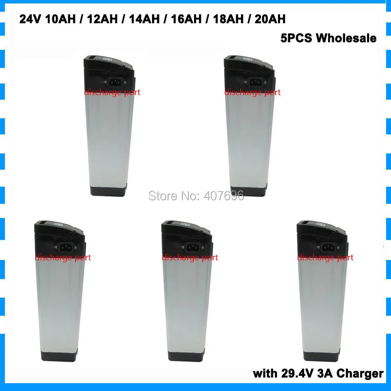 

5PCS Wholesale 24V ebike battery 24V 10AH 12AH 14AH 16AH 18AH 20AH lithium ion battery pack with BMS 3A Charger top discharge