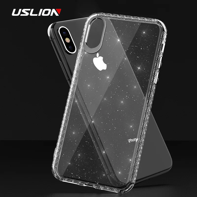 

USLION Glitter Shining Powder Phone Case For iPhone X XS XR XS MAX 8 6 6S 7 Plus Transparent Soft TPU Cover Silicone Clear Cases