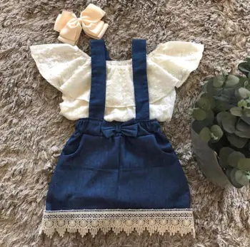 

Lace Newborn Kids Baby Girl Off Shoulder Top Denim Skirt Outfits Clothes 0-3T US