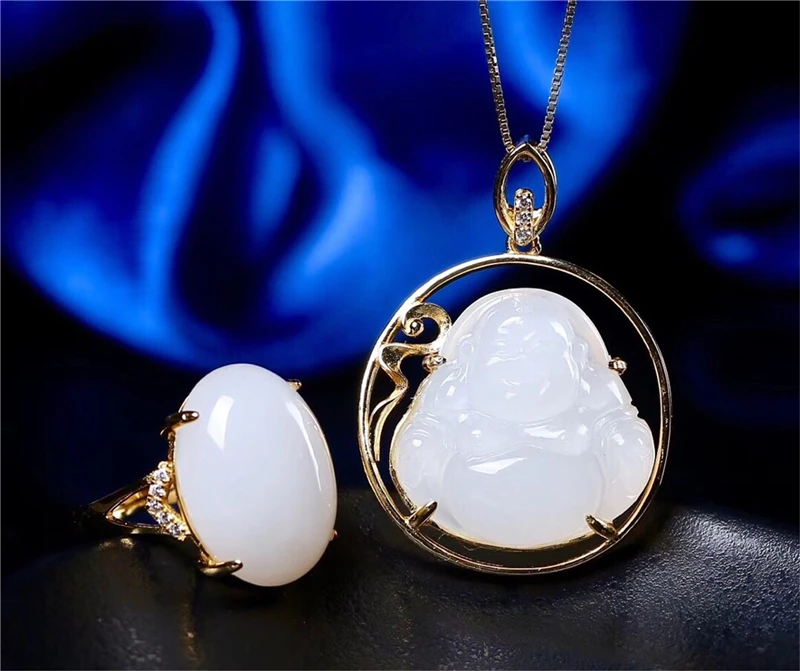 

Koraba New Women Chinese White Jade Laughing Buddha Jewelry Set