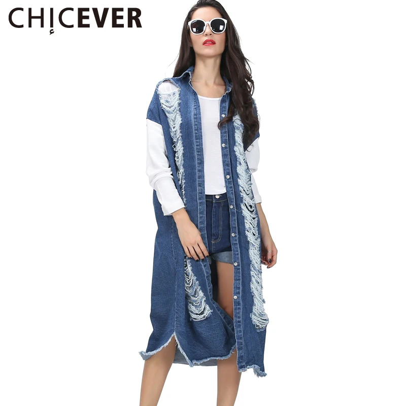 

[CHICEVER] 2019 Summer Women Denim Hollow Ripped Jacket Female Patchwork Sleeve Coats Long Windbreak Straight Clothes Fashion