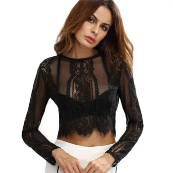 

2019 Fashion New Women Ladies Slim Lace Flore Shirt Crop Tops Long Sleeve Sexy Blouse Black Summer Size S-XL