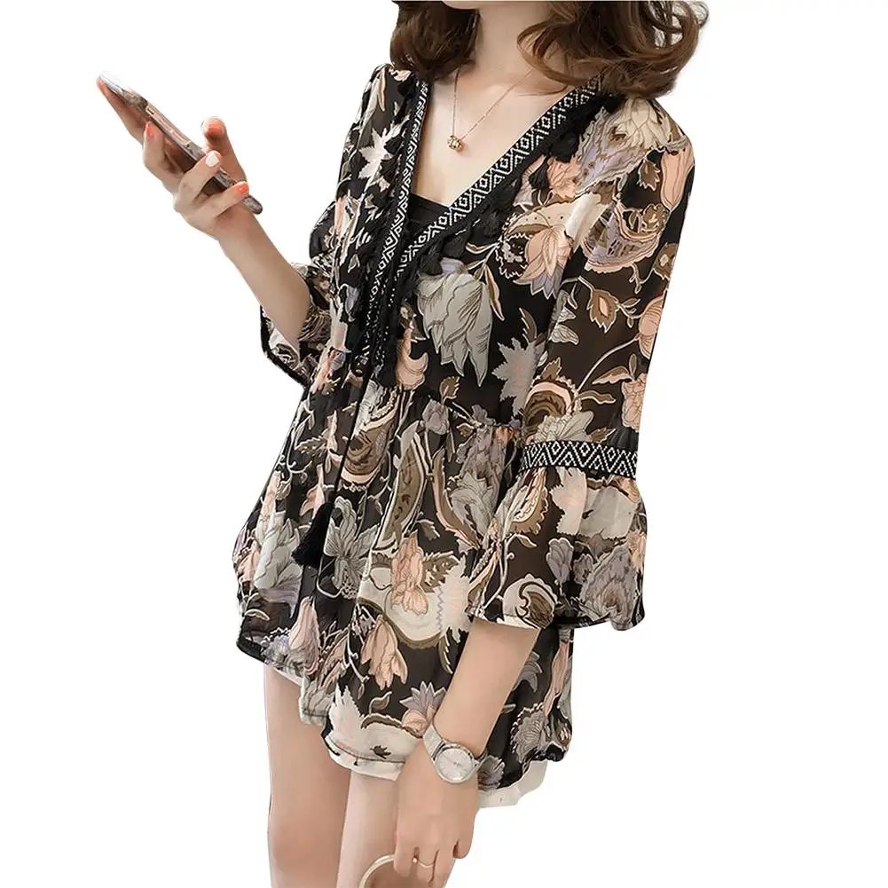 

MISSKY Women Summer Blouse Fashion Printing Long Sleece V-neck Pagoda Sleeve Chiffon Blouse Female Tops