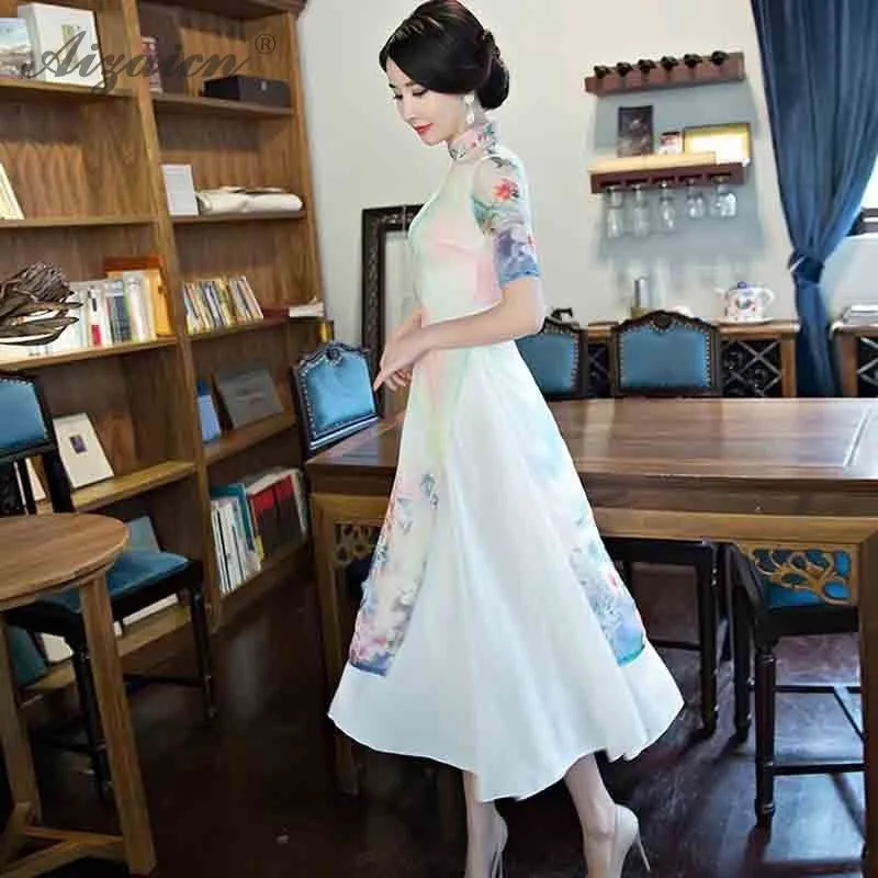 

Summer New Ao Dai Vietnam Cheongsam Long Dresses Women Traditional Chinese Dress Qipao Casual Robe Orientale Print Qi Pao