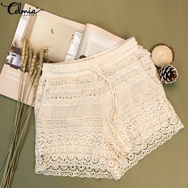 

Celmia Fashion Women Shorts 2019 Summer Beach Sexy Shorts Casual Drawstring High Waist Bottoms Splicing Lace Shorts Plus Size