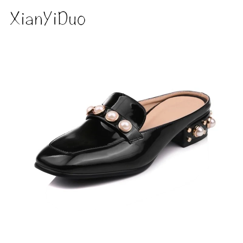 

xianyiduo 2019 Summer fashion Women's Shoes Slippers Closed toe Beige String Bead plus size 40-48 Outside Square Toe / V156-7