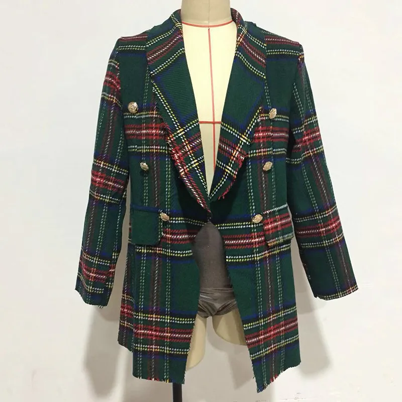 Vintage Double Breasted Frayed Checked Tweed Blazers Coat Women Fashion Pockets Plaid Ladies Outerwear Vintage Double Breasted Frayed Checked Tweed Blazers Coat Women Fashion Pockets Plaid Ladies Outerwear